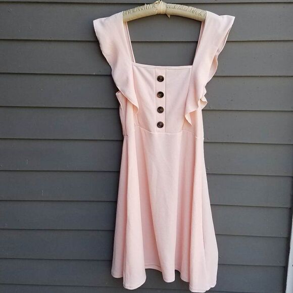 NWT Boohoo Blush/Pink Skater Dress with Ruffle Shoulder Straps Size US14 - Picture 1 of 7